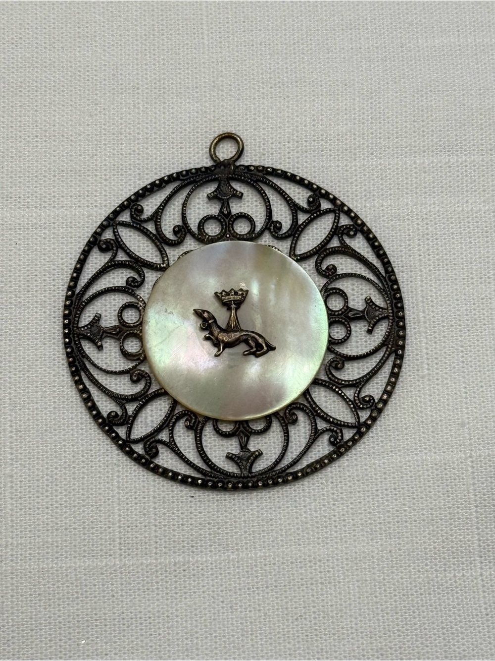 Dachshund & Crown Filigree Round Pendant with Mother-of-Pearl Inset and Crest